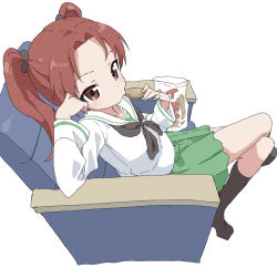 Rule 34 | 10s, 1girl, black neckerchief, black socks, blouse, brown eyes, brown hair, chair, chips (food), cup, eating, food, from side, girls und panzer, highres, kneehighs, looking at viewer, miniskirt, neckerchief, necktie, parted bangs, pleated skirt, potato chips, school uniform, serafuku, shirt, simple background, sitting, skirt, socks, solo, teacup, twintails, white background, white shirt, yamamoto souichirou