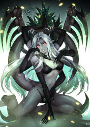 Rule 34 | 1girl, artist name, bikini, black bikini, black gloves, breasts, chaos (warhammer), cherry in the sun, colored skin, commentary, commission, demon girl, elbow gloves, english commentary, enteka (khornette quest), extra arms, facial mark, forehead mark, full body, gloves, glowing, glowing eyes, grey skin, hooves, horns, khornette quest, kneeling, long hair, medium breasts, navel, parted lips, red eyes, silver hair, smile, smirk, solo, spikes, swimsuit, tail, very long hair, warhammer 40k
