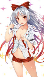 Rule 34 | 1girl, adapted costume, arm belt, asymmetrical sleeves, bad id, bad pixiv id, belt, belt buckle, blonde hair, breasts, buckle, collarbone, collared shirt, cowboy shot, dress shirt, floating hair, fujiwara no mokou, gradient hair, grey hair, hair ribbon, highres, hot, komazuki (komaworks240), long hair, looking at viewer, multicolored hair, navel, open mouth, orange hair, partially unbuttoned, red eyes, red hair, red shorts, ribbon, shiny skin, shirt, short shorts, shorts, small breasts, solo, sparkle, stomach, suspender shorts, suspenders, sweat, torn clothes, torn shirt, torn sleeves, touhou, uneven sleeves, very long hair, weapon, white background, white shirt