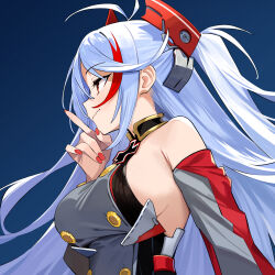Rule 34 | 1girl, antenna hair, azur lane, bare shoulders, blue background, breasts, closed mouth, cross, detached sleeves, from below, grey hair, hair between eyes, hand up, highres, iron cross, large breasts, long hair, looking ahead, multicolored hair, prinz eugen (azur lane), profile, red hair, red nails, sideboob, simple background, sleeveless, smile, solo, streaked hair, two side up, uniform, upper body, very long hair, white hair, xiaoxiao de kuangsan