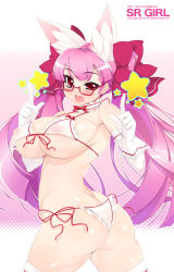 Rule 34 | 1girl, animal ears, ass, bad id, bad pixiv id, bikini, borrowed character, breasts, butt crack, choker, curvy, elbow gloves, front-tie top, glasses, gloves, highres, large breasts, long hair, looking back, mel/a, micro bikini, original, pink eyes, pink hair, see-through, shiny skin, side-tie bikini bottom, skindentation, srco, swimsuit, thighhighs, white thighhighs
