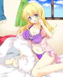 Rule 34 | 10s, 1girl, atago (kancolle), blanket, blonde hair, blue eyes, bra, breasts, cleavage, d:, kantai collection, lace, lace-trimmed bra, lace trim, large breasts, legs, lingerie, negligee, open mouth, panties, pillow, purple bra, purple panties, shisui suzuka, side-tie panties, sitting, solo, thighs, underwear, waking up, wariza, window