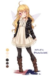 Rule 34 | 1girl, ahoge, alternate costume, alternate headwear, american flag, black pantyhose, blonde hair, blush, boots, cardigan, clownpiece, color guide, contemporary, dress, fairy wings, full body, hair ornament, hairclip, head tilt, long hair, long sleeves, looking at viewer, one eye closed, pantyhose, polka dot, polka dot dress, red eyes, simple background, smile, solo, tongue, tongue out, touhou, toutenkou, twitter username, white background, wings