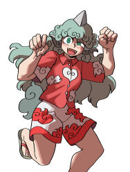 Rule 34 | 1girl, :d, absurdres, clenched hands, cloud print, collared shirt, commentary, curly hair, eddybird55555, english commentary, fangs, green eyes, green hair, highres, horns, komainu, komano aunn, long hair, long sleeves, looking at viewer, open mouth, red shirt, ringed eyes, sandals, shirt, short sleeves, simple background, single horn, smile, solo, touhou, white background, white shirt