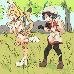 Rule 34 | 2girls, :3, animal ears, blonde hair, boots, bow, bowtie, cat ears, cat tail, gloves, hair between eyes, highres, kaban (kemono friends), kemono friends, leggings, md5 mismatch, multiple girls, open mouth, pantyhose, paw pose, savannah, serval (kemono friends), smile, tail, thighhighs