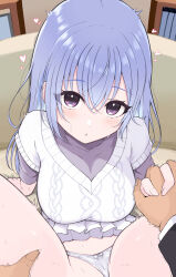 Rule 34 | 1boy, 1girl, :o, blue hair, blush, breasts, business suit, cable knit, clothed sex, clothes lift, clothing aside, commentary request, couch, crossed bangs, eyelashes, fingernails, formal, hair between eyes, heart, hetero, highres, holding hands, idolmaster, idolmaster shiny colors, implied sex, interlocked fingers, large breasts, looking at viewer, on couch, out-of-frame censoring, panties, panties aside, pleated skirt, pov, pov hands, producer (idolmaster), purple shirt, ribbon-trimmed underwear, ribbon trim, shirt, skirt, skirt lift, spread legs, suit, suzuki hana, sweat, temari rin, trembling, twitching, underwear, upturned eyes, vest, white panties, white skirt