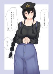 Rule 34 | 1girl, black hair, blue skirt, blush, bow, braid, breasts, brown eyes, collarbone, comic, female admiral (kancolle), hair between eyes, hair bow, hat, highres, kantai collection, large breasts, long hair, long sleeves, niwatazumi, own hands together, peaked cap, sidelocks, skirt, solo, speech bubble, standing, sweatdrop, sweater, tatebayashi sakurako, translation request, upper body, white background