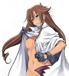 Rule 34 | 00s, 1girl, asymmetrical hair, blue eyes, braid, breasts, brown hair, cape, clothes lift, el cazador de la bruja, gloves, hair between eyes, hair ornament, long hair, maruto!, mexico, nadie, naked cape, nipples, nude, open clothes, open shirt, out-of-frame censoring, shirt, shirt lift, side braid, simple background, solo, undressing, white background