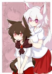 Rule 34 | 2girls, alternate hair length, alternate hairstyle, animal ears, azumaya toushirou, bad id, bad pixiv id, breasts, bright pupils, brooch, brown hair, commentary request, hair between eyes, hands on another&#039;s shoulders, highres, imaizumi kagerou, inubashiri momiji, jewelry, multiple girls, pom pom (clothes), purple eyes, red eyes, red skirt, short sleeves, skirt, smile, sweatdrop, tail, touhou, white hair, wolf ears, wolf tail