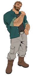 Rule 34 | 1boy, arm hair, bara, beard, belt, boots, brown footwear, brown hair, coral island, facial hair, green shirt, grey pants, grey shirt, hand on own hip, hand on own shoulder, highres, jewelry, male focus, mark (coral island), mr kasuy, muscular, muscular male, mustache, necklace, pants, scar, scar on face, shirt, short hair, thick mustache