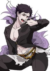 Rule 34 | 1boy, belial (granblue fantasy), belt, black belt, black hair, black pants, black shirt, contrapposto, fangs, feather boa, granblue fantasy, kyuu (ost), long sleeves, looking at viewer, pectoral cleavage, male focus, pants, pectorals, popped collar, red eyes, shirt, simple background, sitting, solo, white background