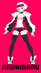 Rule 34 | 1girl, absurdres, arms at sides, bandeau, black jacket, black shorts, black thighhighs, blush, character name, closed mouth, cropped jacket, full body, goggles, goggles on head, hair between eyes, highres, jacket, long sleeves, looking at viewer, navel, niwamaru (niwarhythm), niwarhythm, open clothes, open jacket, original, red eyes, shoes, short hair, short shorts, shorts, smile, solo, strapless, thighhighs, tube top, white footwear, white hair