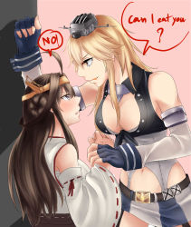 Rule 34 | 10s, 2girls, :o, absurdres, against wall, ahoge, armlet, bare shoulders, belt, blonde hair, blue eyes, blue gloves, blush, breasts, brown hair, captainkuma, center opening, cleavage, clenched hand, detached sleeves, embarrassed, english text, eye contact, female focus, fingerless gloves, gloves, grey eyes, hair between eyes, hair bun, hair intakes, hair ornament, headgear, height difference, highres, holding hands, imminent rape, iowa (kancolle), jewelry, kabedon, kantai collection, kongou (kancolle), large breasts, licking lips, long hair, looking at another, looking down, looking up, midriff, miniskirt, multiple girls, naughty face, navel, neck, neck ring, nervous, nontraditional miko, open mouth, pink background, round teeth, sarashi, shy, sidelocks, skirt, smile, speech bubble, standing, striped clothes, striped skirt, symbol-shaped pupils, talking, teeth, tongue, tongue out, twitter username, white detached sleeves, wide sleeves, yuri