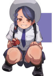 Rule 34 | 1girl, backpack, bag, black footwear, black socks, blue panties, braid, brown eyes, clenched teeth, commentary request, creatures (company), fang, fu-ta, game freak, grin, hair ornament, hand on own knee, highres, holding, holding poke ball, juliana (pokemon), looking at viewer, mole, mole under eye, naranja academy school uniform, necktie, nintendo, panties, pantyshot, poke ball, pokemon, pokemon sv, purple necktie, school uniform, shirt, shoes, short sleeves, simple background, single braid, smile, socks, solo, squatting, straight-on, striped clothes, striped panties, swept bangs, teeth, thighs, underwear, upshorts, white background, white panties, white shirt, wing collar