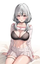 Rule 34 | 1girl, :d, absurdres, black bra, black choker, black hair, blush, bra, breasts, choker, cleavage, collarbone, dot nose, drawstring, grey hair, highres, large breasts, looking at viewer, multicolored hair, navel, ohwayo, open mouth, pink eyes, pleated skirt, project [i], simple background, sitting, skirt, smile, solo, stomach, streaked hair, teeth, tongue, underline (yuki154cm), underwear, upper teeth only, virtual youtuber, white background, white skirt