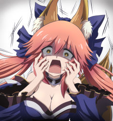 Rule 34 | 1girl, animal ear fluff, animal ears, bow, breasts, cleavage, constricted pupils, fate/extra, fate/grand order, fate (series), fujitaka nasu, hair bow, highres, large breasts, long hair, open mouth, parody, pink hair, revision, screaming, simple background, solo, tamamo (fate), tamamo no mae (fate/extra), tears, yellow eyes