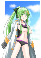 Rule 34 | 1girl, alternate costume, bikini, black bikini, bow, cloud, cloudy sky, collarbone, commentary request, crescent, crescent hair ornament, crossed arms, day, green eyes, green hair, hair between eyes, hair bow, hair ornament, ichimi, jacket, kantai collection, long hair, looking at viewer, nagatsuki (kancolle), navel, open clothes, open jacket, sidelocks, sky, solo, swimsuit, v-shaped eyebrows
