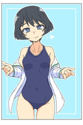 Rule 34 | 1girl, black border, black eyes, black hair, blue background, blue one-piece swimsuit, border, closed mouth, commentary, covered navel, cowboy shot, girls und panzer, heart, highres, long sleeves, looking at viewer, no pants, off shoulder, one-piece swimsuit, ooarai school uniform, open clothes, open shirt, renshiu, sailor collar, school swimsuit, school uniform, shirt, short hair, smile, solo, standing, swimsuit, swimsuit under clothes, utsugi yuuki, white sailor collar, white shirt
