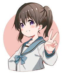 Rule 34 | 1girl, black hair, blue bow, blue sailor collar, blush, bow, brown background, cropped torso, grin, hair between eyes, kuraue hinata, long sleeves, looking at viewer, meito (maze), purple eyes, sailor collar, shirt, smile, solo, twintails, two-tone background, upper body, white background, white shirt, yama no susume