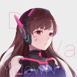 Rule 34 | 1girl, brown eyes, brown hair, copyright name, d.va (overwatch), facial mark, floating hair, grey background, highres, ku luo mofa shi, long hair, overwatch, overwatch 1, solo, upper body