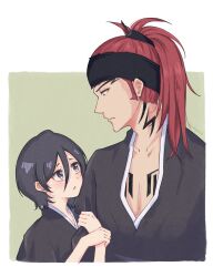 Rule 34 | 1boy, 1girl, abarai renji, arm hug, black hair, black headband, black kimono, bleach, blush, chest tattoo, commentary, couple, cropped torso, double-parted bangs, eye contact, eyelashes, forehead tattoo, from side, green background, hair between eyes, headband, height difference, hetero, high ponytail, highres, japanese clothes, kimono, kuchiki rukia, long hair, looking at another, looking down, looking up, neck tattoo, open mouth, parted lips, profile, purple eyes, raised eyebrows, red hair, rinner373, short hair, simple background, tattoo, tsurime, twitter username, two-tone background, upper body, upturned eyes, white background