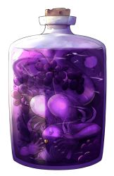 Rule 34 | 1girl, afloat, bottle, breasts, colored skin, cork, floating hair, food, fruit, grapes, highres, in bottle, in container, large breasts, looking at viewer, monster girl, nanostar, navel, nude, open mouth, original, purple hair, purple skin, slime girl, solo, tongue, tongue out, transparent background, upside-down, yellow eyes