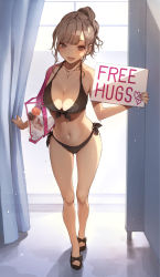 Rule 34 | 1girl, :d, absurdres, bag, bare arms, bare shoulders, bikini, black bikini, black footwear, blush, breasts, brown eyes, brown hair, cleavage, collarbone, commentary request, curtains, earrings, english text, eyeshadow, free hugs, front-tie bikini top, front-tie top, full body, halterneck, highres, holding, holding sign, jewelry, koh (minagi kou), large breasts, looking at viewer, lotion bottle, makeup, mole, mole on breast, necklace, open mouth, original, sandals, short hair, short ponytail, shoulder bag, side-tie bikini bottom, sign, smile, solo, standing, stud earrings, swimsuit, walk-in