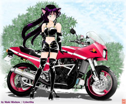Rule 34 | 1girl, animal ears, boots, cat ears, elbow gloves, gloves, green eyes, jewelry, leather, long hair, maki michaux, motor vehicle, motorcycle, navel, original, pendant, purple hair, short shorts, shorts, solo, thigh boots, thighhighs, vehicle