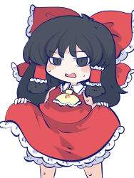 Rule 34 | 1girl, antenna hair, ascot, bare shoulders, black hair, bloomers, blush, bow, chahan (fried rice0614), chibi, clothes lift, commentary request, feet out of frame, frilled shirt collar, frills, hair bow, hair tubes, hakurei reimu, highres, legs apart, lifting own clothes, long hair, open mouth, red bow, red skirt, red vest, sidelocks, simple background, skirt, skirt set, sleeveless, solo, sweat, touhou, underwear, vest, white background, yellow ascot