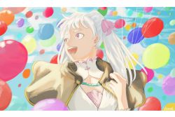 Rule 34 | 1girl, balloon, birthday, black clover, celebration, cloak, dress, hair ribbons, happy, highres, long hair, looking afar, noelle silva, open mouth, pink eyes, silver hair, sky, twintails, white dress