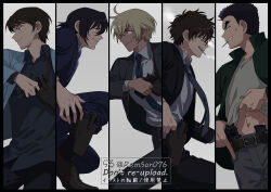 Rule 34 | 5boys, amuro tooru, ankle holster, black border, black hair, black jacket, black shirt, blazer, blonde hair, blue jacket, blue necktie, border, brown hair, cigarette, clothes lift, commentary request, dark-skinned male, dark skin, date wataru, dated commentary, english text, facial hair, floating clothes, floating hair, green jacket, gun, hagiwara kenji, handgun, holding, holding gun, holding weapon, holster, jacket, looking ahead, male focus, matsuda jinpei, meitantei conan, multiple boys, necktie, open clothes, open jacket, police, remsor076, scotch (meitantei conan), shirt, shirt lift, short hair, shoulder holster, signature, smile, smoking, stubble, sunglasses, twitter username, weapon, white shirt