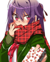 Rule 34 | 1girl, absurdres, bad id, bad pixiv id, blush, box, ebisuzawa kurumi, embarrassed, gakkou gurashi!, gift, gift box, green jacket, green sweater, hair between eyes, hair ribbon, highres, holding, holding box, jacket, long hair, long sleeves, looking at viewer, neck ribbon, open clothes, open jacket, plaid, plaid scarf, purple hair, red eyes, red ribbon, red scarf, ribbed sweater, ribbon, scarf, scarf over mouth, shirt, simple background, sinakyo, solo, sweater, twintails, upper body, v-shaped eyebrows, white background, white shirt