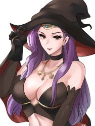 Rule 34 | 1girl, black gloves, breasts, choker, cleavage, fire emblem, fire emblem echoes: shadows of valentia, gloves, halloween costume, hat, highres, jewelry, large breasts, long hair, midriff, necklace, nintendo, open mouth, purple hair, revealing clothes, simple background, solo, sonya (fire emblem gaiden), tommy (kingdukeee), upper body, white background, witch hat