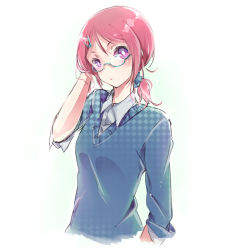 Rule 34 | 10s, 1girl, alternate hairstyle, bad id, bad pixiv id, bespectacled, captain yue, collared shirt, duizhang, glasses, hair ornament, hairclip, layered clothes, love live!, love live! school idol project, nishikino maki, pink hair, ponytail, purple eyes, semi-rimless eyewear, shirt, short hair, solo, sweater, under-rim eyewear