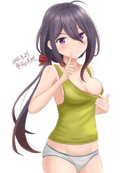 Rule 34 | 1girl, alternate breast size, ame-san, ariake (kancolle), black hair, breasts, cleavage, clothes pull, commentary request, cowboy shot, dated, finger to mouth, hair over one eye, highres, kantai collection, light smile, long hair, low ponytail, medium breasts, one-hour drawing challenge, panties, parted lips, pulling own clothes, purple eyes, simple background, solo, standing, tank top, twitter username, underwear, underwear only, white background, white panties, yellow tank top