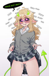 Rule 34 | 1girl, after vaginal, aftersex, ahoge, black sclera, blonde hair, blush, cardigan, clothes lift, colored sclera, commentary, cowboy shot, cum, cum in pussy, cumdrip, demon girl, demon horns, demon tail, ear blush, english commentary, english text, flat chest, glasses, green horns, green tail, grey cardigan, heart, heart-shaped pupils, highres, horns, lifting own clothes, long hair, long sleeves, long tail, looking at viewer, no panties, original, pink eyes, plaid, plaid skirt, pointy ears, purple-framed eyewear, pussy, school uniform, skirt, skirt lift, solo, speech bubble, standing, symbol-shaped pupils, tail, the pink pirate, uncensored