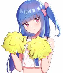 Rule 34 | 1girl, :o, bare arms, bare shoulders, blue hair, blunt bangs, blush, cheerleader, crop top, hair ribbon, hands up, head tilt, highres, holding, holding pom poms, idolmaster, idolmaster cinderella girls, long hair, looking at viewer, midriff, neginoki, one side up, parted lips, pink eyes, pink ribbon, pom pom (cheerleading), pom poms, ribbon, sajo yukimi, shirt, simple background, sleeveless, sleeveless shirt, solo, star (symbol), star print, stomach, upper body, white background, white shirt