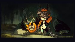 Rule 34 | 1boy, 1girl, annoyed, black skin, claws, colored sclera, colored skin, gears2gnomes, grabbing, helmet, link, looking at viewer, midna, multicolored skin, nintendo, one eye covered, orange hair, pointy ears, prehensile hair, smile, the legend of zelda, the legend of zelda: twilight princess, two-tone skin, wolf, wolf link, yellow sclera
