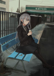Rule 34 | 1girl, bench, beret, black bow, black footwear, black hat, black jacket, black skirt, bow, braid, brown pantyhose, chihuri, collared shirt, cross, day, eve (chihuri), eyepatch, fence, food, green sky, grey eyes, grey hair, grey shirt, hair between eyes, hair bow, hat, highres, holding, holding food, jacket, loafers, long hair, medical eyepatch, on bench, open clothes, open jacket, original, outdoors, pantyhose, park bench, parted lips, power lines, road sign, russian text, shirt, shoes, sign, sitting, skirt, sky, snow, solo, utility pole, very long hair
