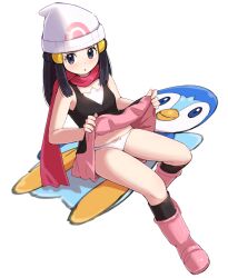 Rule 34 | 1girl, bare arms, beanie, black hair, black shirt, black socks, blush, boots, bow, bow panties, clothes lift, commentary request, creatures (company), dawn (pokemon), eyelashes, game freak, gen 4 pokemon, grey eyes, hair ornament, hairclip, hat, highres, kneehighs, kutabireta neko, lifted by self, long hair, looking at viewer, nintendo, panties, parted lips, pink footwear, pink scarf, pink skirt, piplup, poke ball print, pokemon, pokemon dppt, scarf, shirt, sidelocks, sitting, skirt, skirt lift, sleeveless, sleeveless shirt, socks, underwear, white headwear, white panties