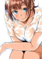Rule 34 | 1girl, blue eyes, breasts, brown hair, large breasts, looking at viewer, ojo (dfreak), original, shirt, short hair, simple background, solo, wet, wet clothes, wet shirt, white background