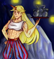 Rule 34 | 1girl, antifreeze9, blonde hair, breasts, grin, hand on own hip, horns, hoshiguma yuugi, long hair, medium breasts, muscular, oni, pants, red eyes, single horn, smile, solo, striped, sweat, touhou, tray, vertical stripes, weights
