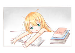Rule 34 | 1girl, :o, albacore (azur lane), azur lane, bare shoulders, blonde hair, book, commentary request, fata (minifata), green eyes, hair between eyes, leaning on table, long hair, messy hair, open book, reading, solo, upper body, very long hair