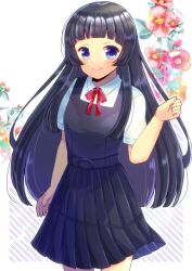 Rule 34 | 1girl, black dress, black hair, blue eyes, bow, closed mouth, collared shirt, commentary request, commission, diagonal stripes, dress, flower, hand up, kou hiyoyo, long hair, original, pinafore dress, pleated dress, red bow, red flower, shirt, short sleeves, skeb commission, sleeveless, sleeveless dress, smile, solo, striped, striped background, very long hair, white background, white shirt