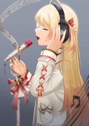 Rule 34 | 1girl, absurdres, ahoge, blonde hair, bow, closed eyes, fingernails, grey background, headphones, highres, hololive, hololive dev is, jacket, long hair, mashuretsu, microphone, microphone stand, music, musical note, otonose kanade, plaid, plaid bow, singing, virtual youtuber