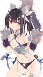 1girl animal_ears animal_hands bare_shoulders bell black_hair black_panties blue_ribbon blush breasts brown_eyes cat_ears cat_tail collarbone detached_collar fate/kaleid_liner_prisma_illya fate_(series) feather_hair_ornament feathers fur_trim garter_straps gloves grey_gloves grey_legwear grey_vest hair_ornament hairclip jingle_bell long_hair looking_at_viewer miyu_edelfelt miyu_edelfelt_(beast_style) nanananana navel off_shoulder open_mouth panties parted_lips paw_gloves ribbon sidelocks simple_background small_breasts solo tail twintails underwear vest white_background