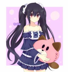 Rule 34 | 1girl, absurdres, bare shoulders, black hair, breasts, caro-xy, cleavage, curious, dogoo, dress, hair ornament, highres, huge filesize, long hair, looking at viewer, medium breasts, neotunia (series), neptune (series), night gown, noire (neptunia), open mouth, pajamas, pink background, pjs, red eyes, ribbon, skirt, sleepy, solo, standing, surprised, tsundere, twintails, very long hair