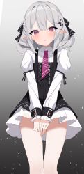 Rule 34 | 1girl, black background, black dress, black ribbon, blush, commentary request, covering privates, covering crotch, dress, elf, gluteal fold, gradient background, grey background, grey hair, hair ornament, hair ribbon, highres, juliet sleeves, long sleeves, looking at viewer, odeclea, original, parted lips, pointy ears, puffy sleeves, purple eyes, ribbon, scissors hair ornament, shirt, sleeveless, sleeveless dress, sleeves past wrists, solo, sweat, thigh gap, thighs, white shirt