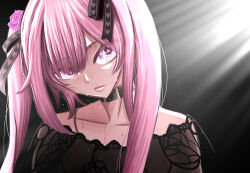 Rule 34 | 1girl, absurdres, aogiri koukou, backlighting, buckle, check commentary, chiyoura chiyomi, choker, close-up, collarbone, commentary, commentary request, dress, eyelashes, flower, hair flower, hair ornament, hair ribbon, head tilt, highres, light particles, lips, long bangs, long hair, parted lips, pink eyes, pink hair, ribbon, sidelocks, sweat, tawara (gmey7834), twintails, upper body, virtual youtuber