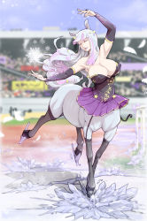 Rule 34 | 1girl, animal ears, armpits, bare shoulders, blue hair, blurry, blurry background, blurry foreground, breasts, centaur, commentary, dancing, depth of field, detached sleeves, dress, closed eyes, feathers, garter straps, grey thighhighs, hair ornament, hand up, highres, horse ears, ice skates, jumping, large breasts, long sleeves, materclaws, monster girl, multicolored hair, original, parted lips, pink hair, pleated skirt, purple dress, purple skirt, skates, skating, skirt, smile, solo, star (symbol), taur, thighhighs